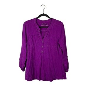 Eddie Bauer Outdoor Purple V Cut 1/2 Button Up 3/4 Sleeve Casual Blouse Large
